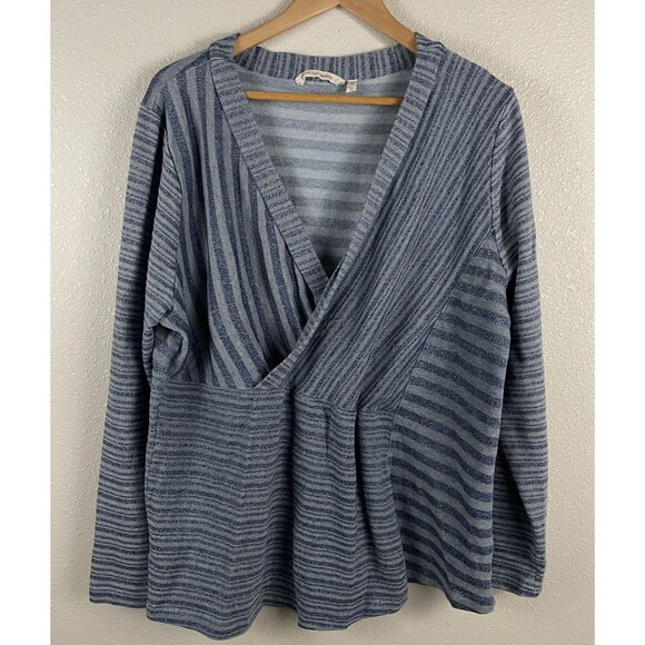 Soft Surroundings Womens 1X Blue Striped Claudine Pullover V Neck Faux Wrap - Picture 1 of 4